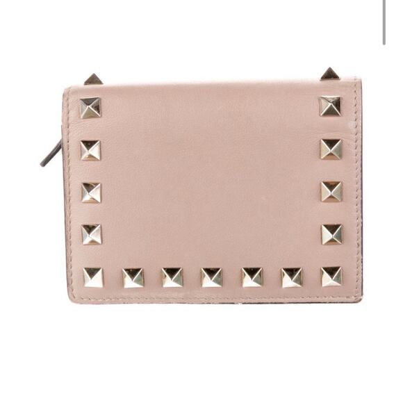 Authentic Valentino Rockstud Taupe Leather Silver Studded Wallet Dust Cover/Box - Picture 3 of 10